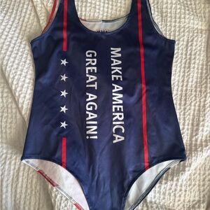 Patriotic Blue Swimsuit with Red and White Accents